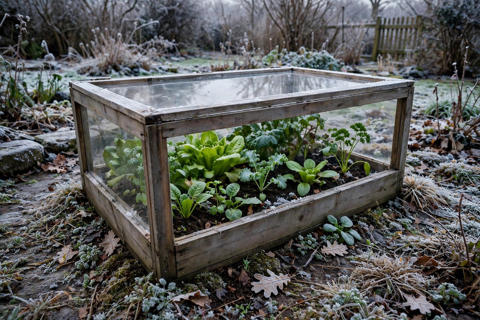 Cold frame with transparent lid protecting winter greens