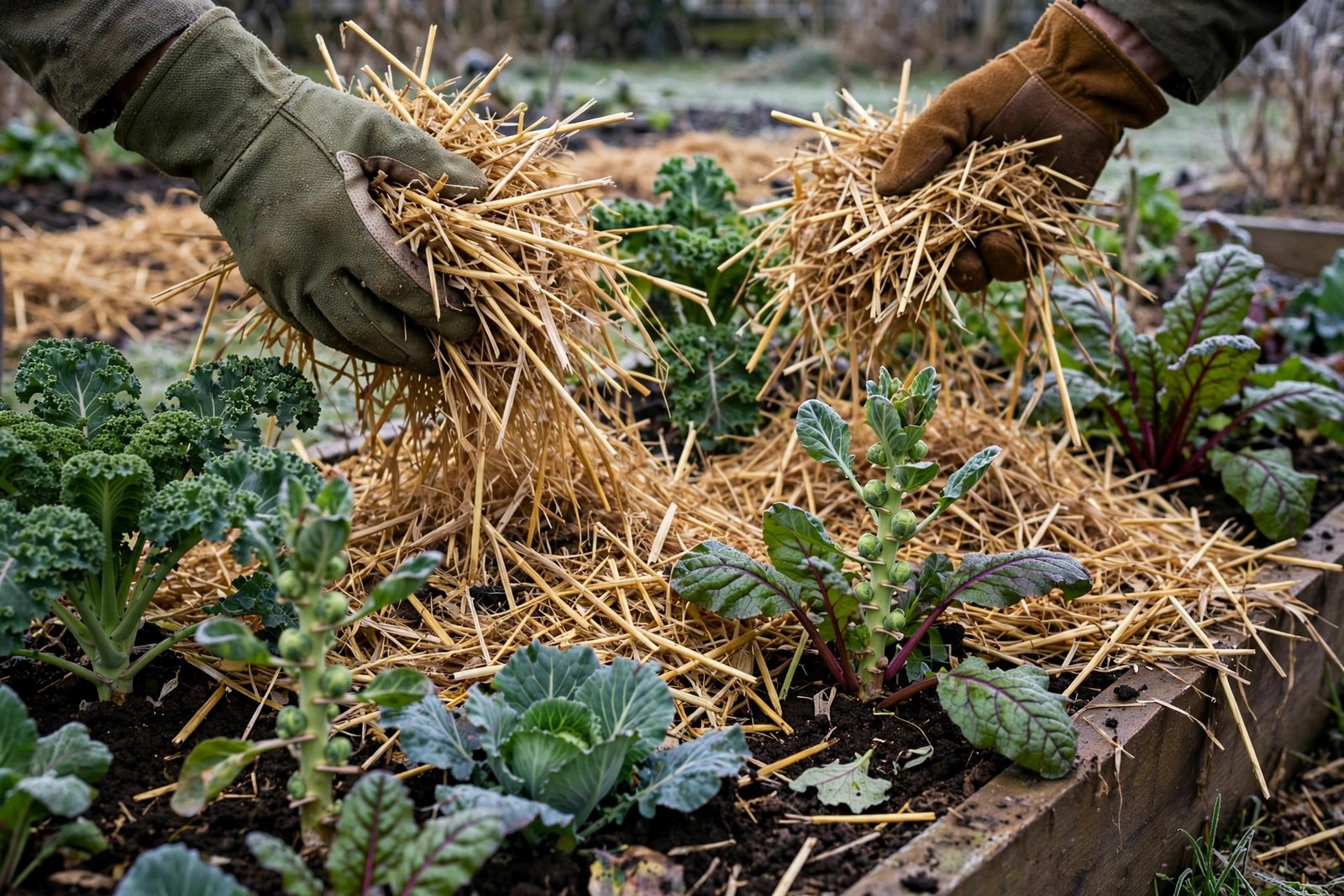 Thick straw mulch insulating winter garden beds